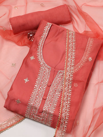 Neck Embroidered Chanderi Unstitched Suit With Dupatta