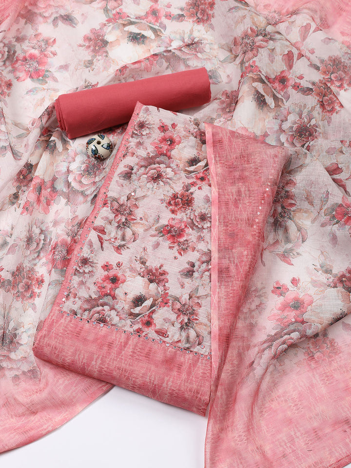 Neck Embroidered Linen Unstitched Suit Piece With Dupatta