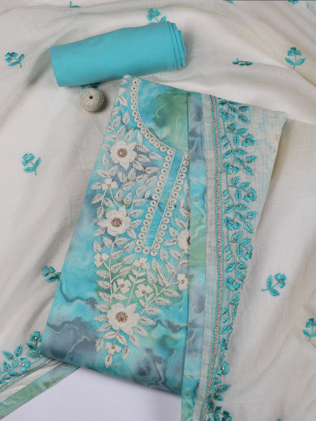 Neck Embroidered Cotton Blend Unstitched Suit Piece With Dupatta