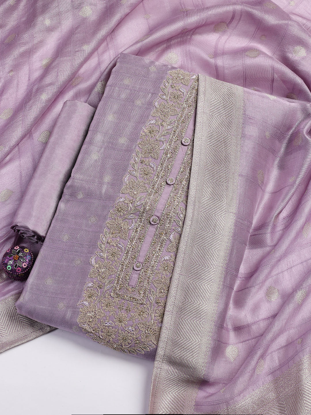 Embroidery Art Silk Unstitched Suit With Dupatta