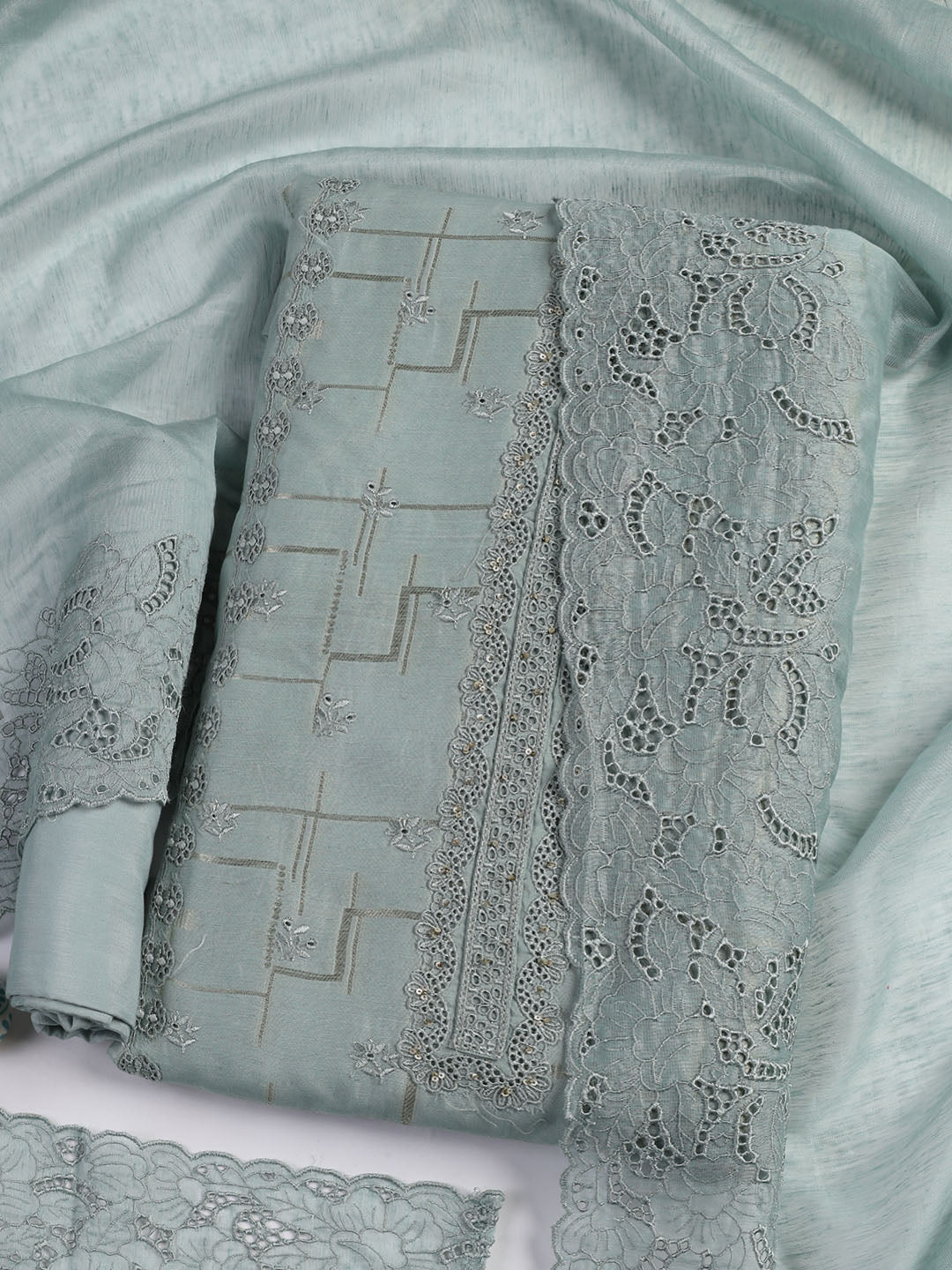Embroidery Linen Unstitched Suit With Dupatta