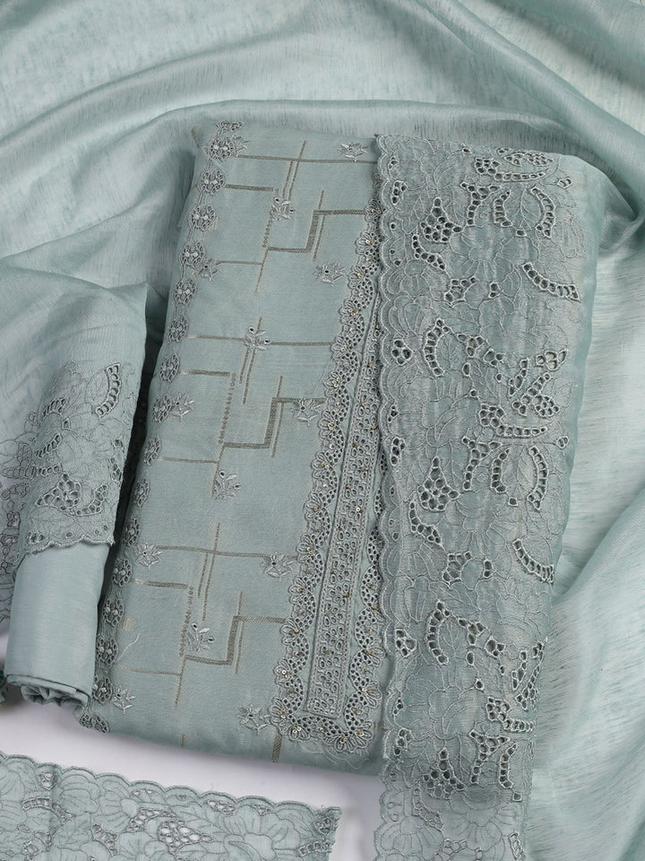 Embroidery Linen Unstitched Suit With Dupatta