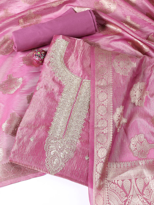 Neck Embroidered Tissue Unstitched Suit Piece With Dupatta