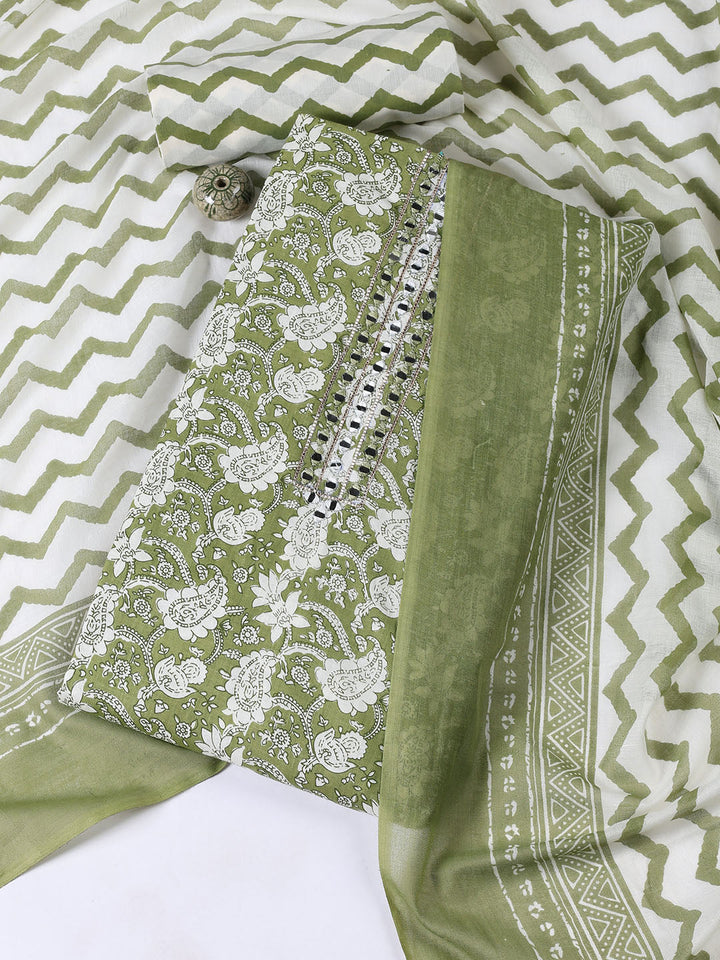 Printed Cotton Blend Unstitched Suit With Dupatta
