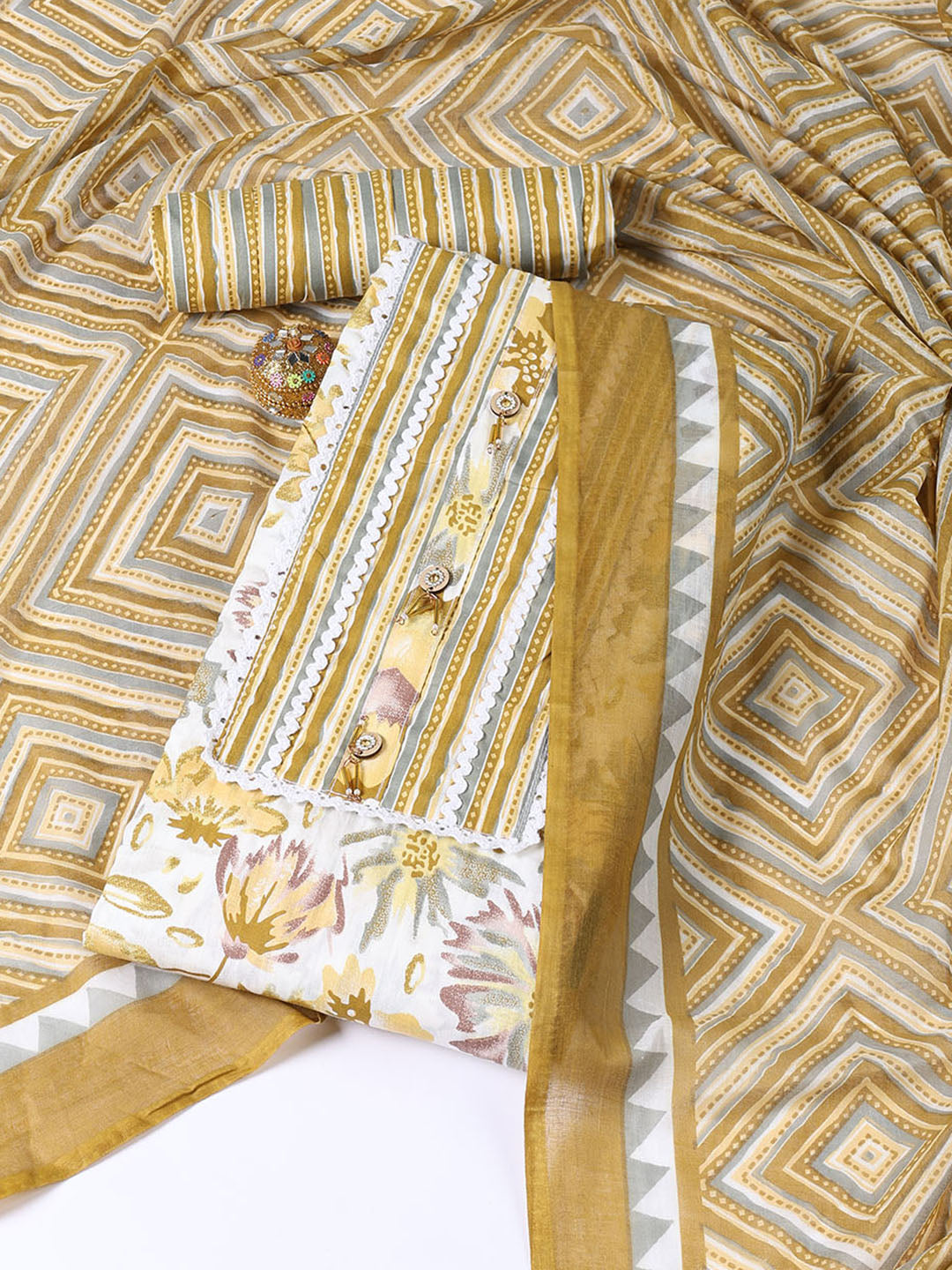 Neck Patti Cotton Blend Unstitched Suit With Dupatta
