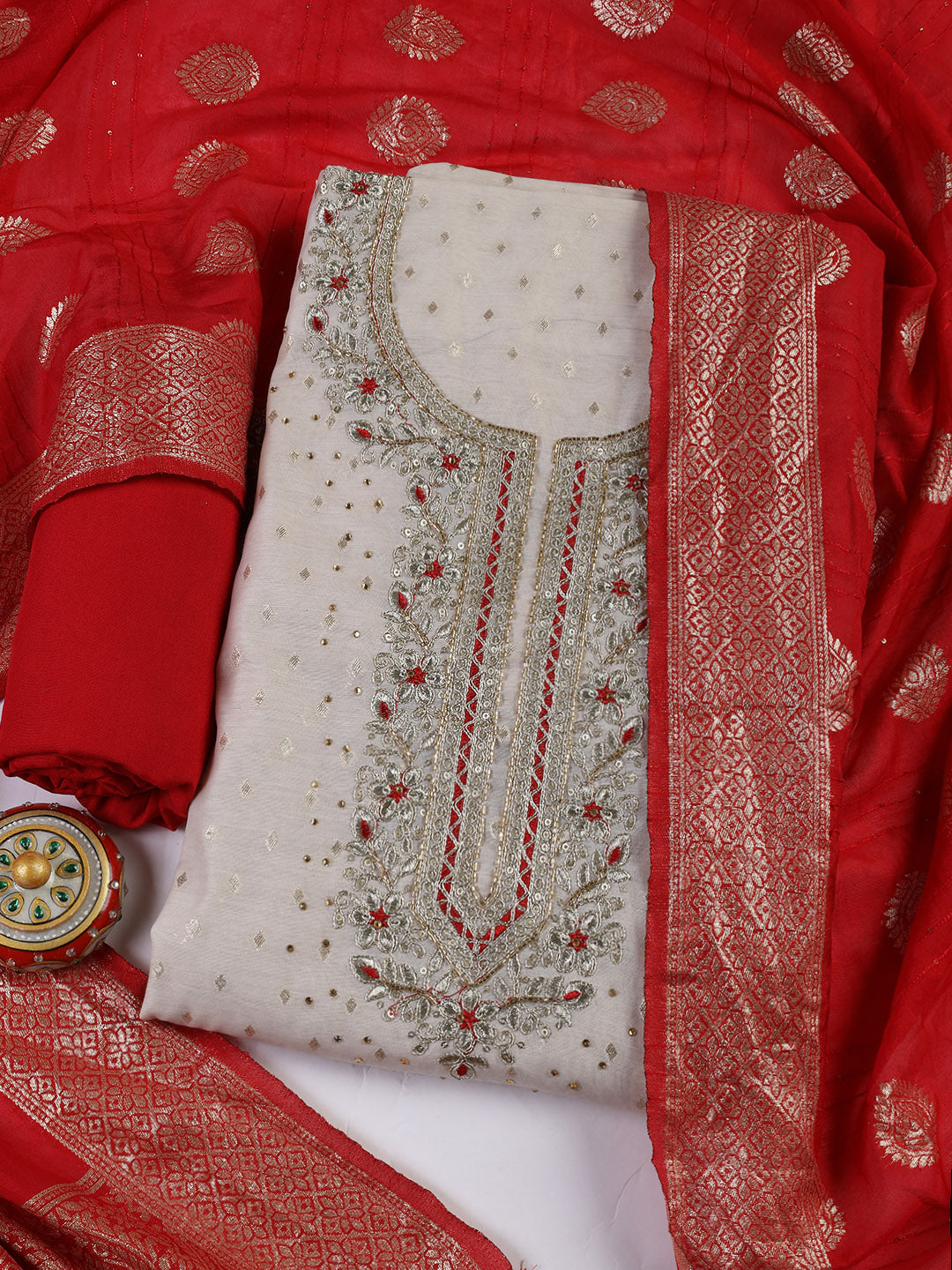 Neck Embroidery Chanderi Unstitched Suit With Dupatta