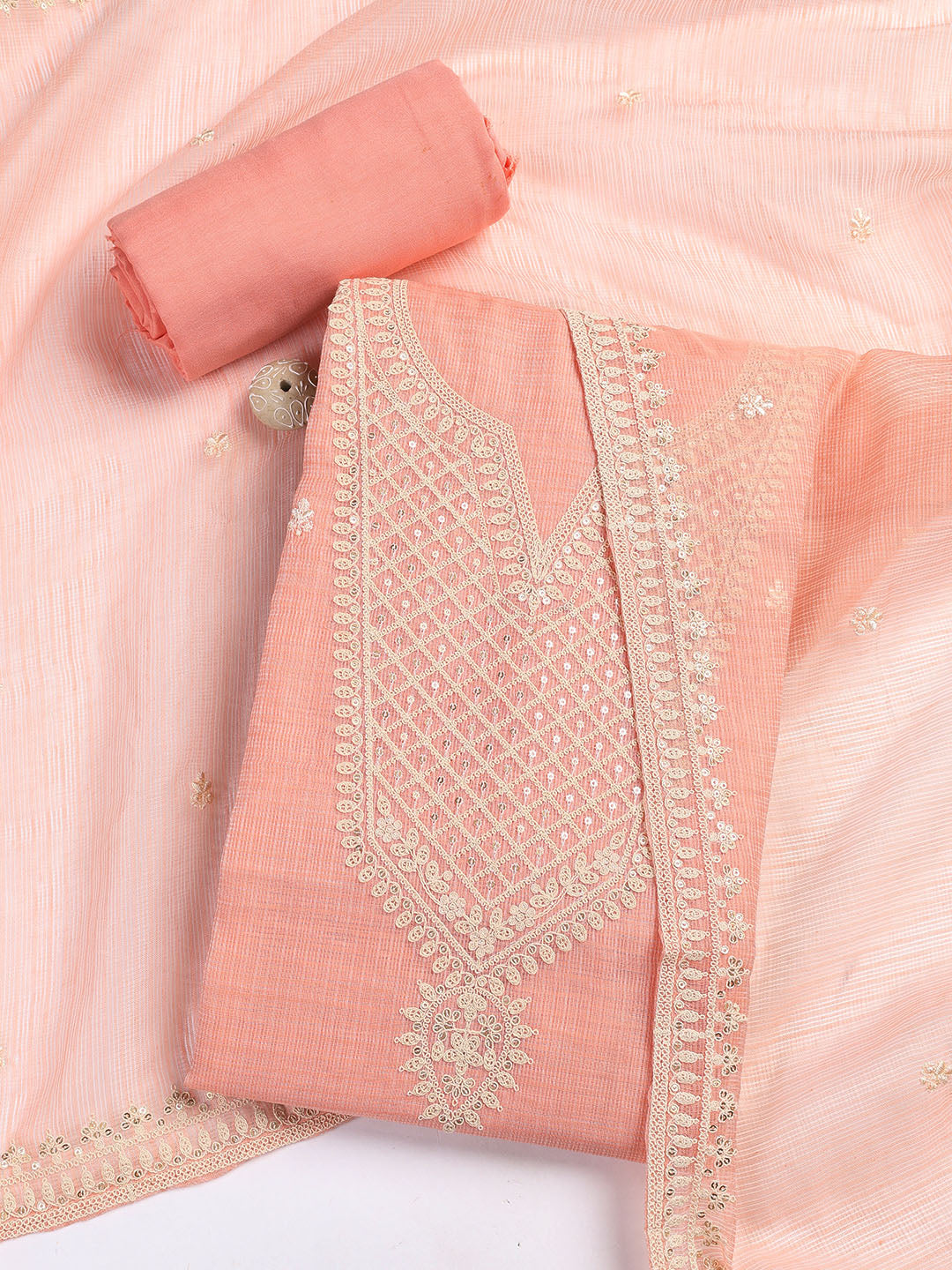 Embroidered Cotton Blend Unstitched Suit Piece With Dupatta