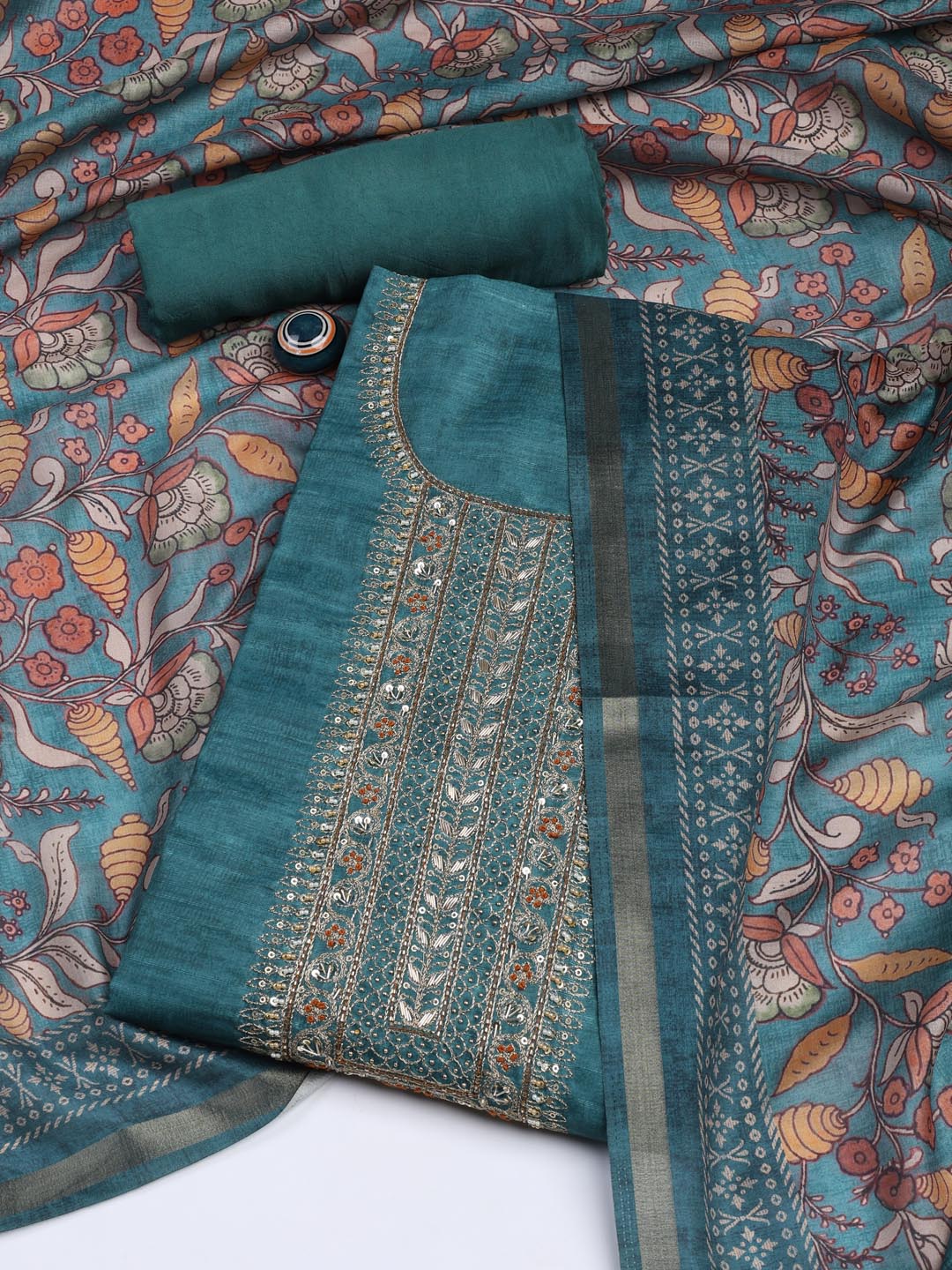 Neck Embroidery Art Tussar Unstitched Suit With Dupatta