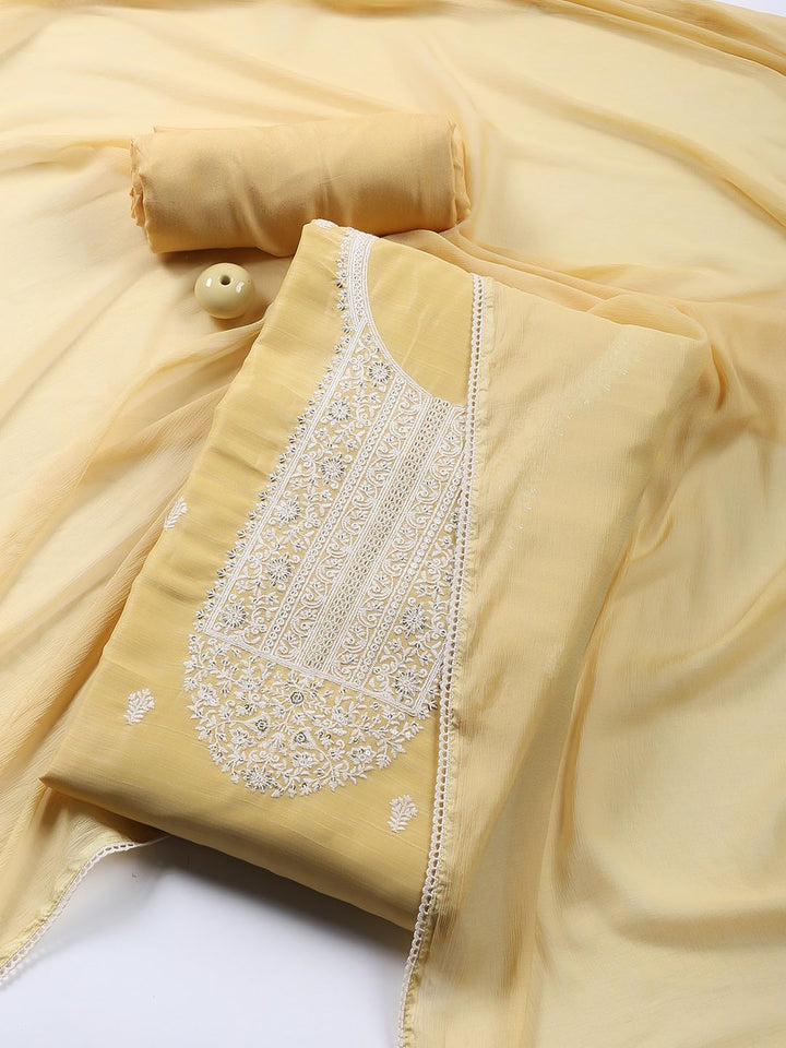 Neck Embroidered Chanderi Unstitched Suit With Dupatta