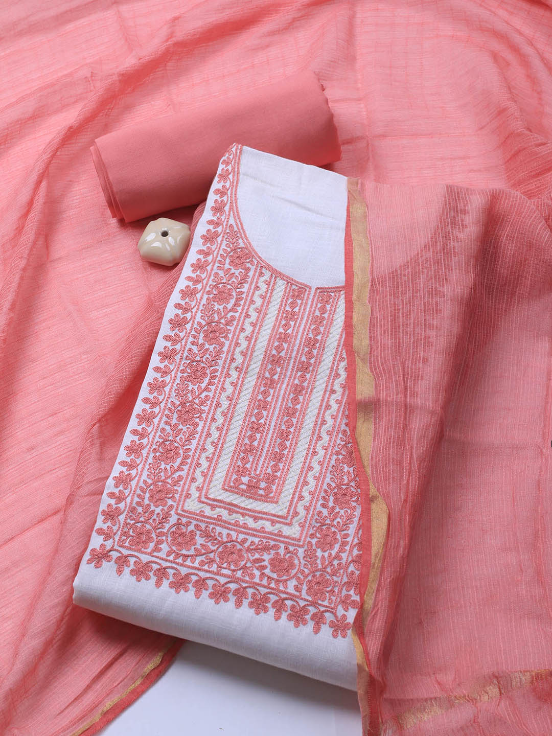 Neck Embroidery Cotton Blend Unstitched Suit With Dupatta