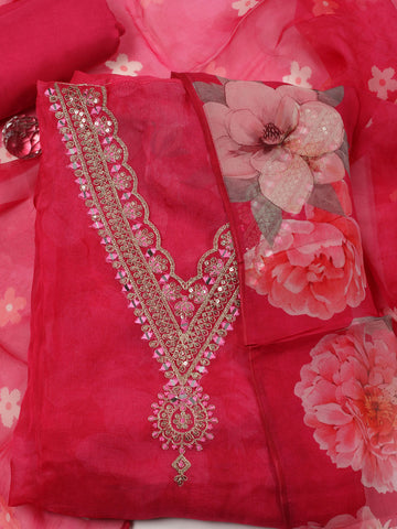 Neck Embroidered Organza Unstitched Suit With Dupatta