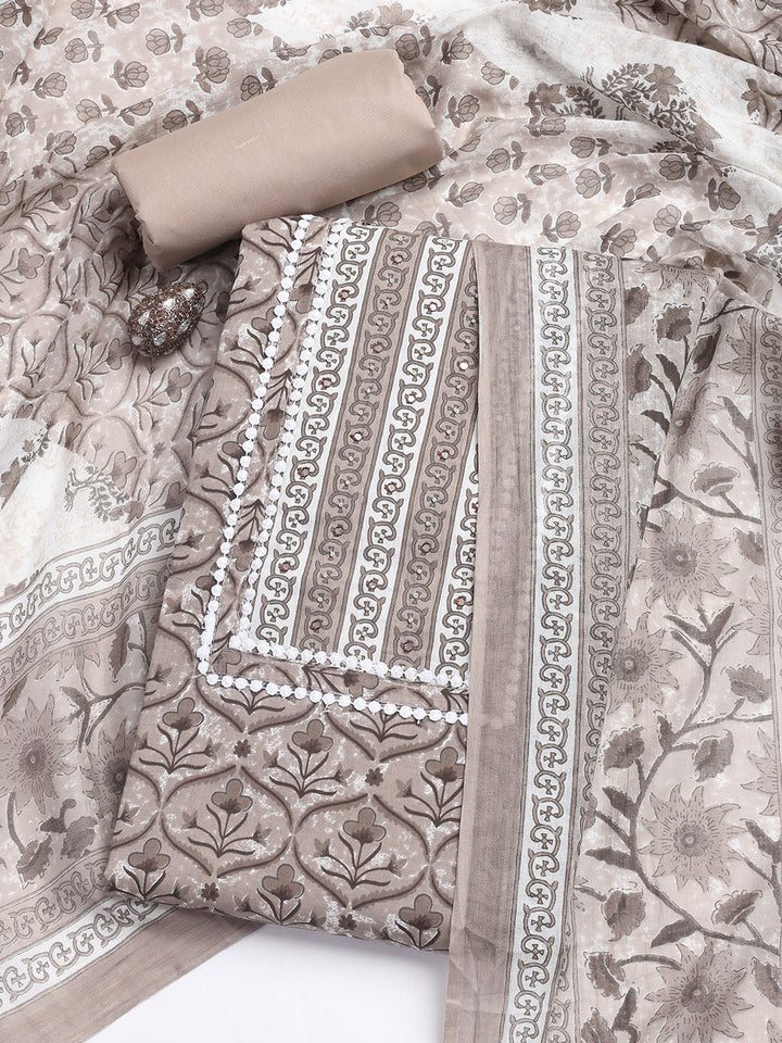 Printed Cotton Blend Unstitched Suit With Dupatta
