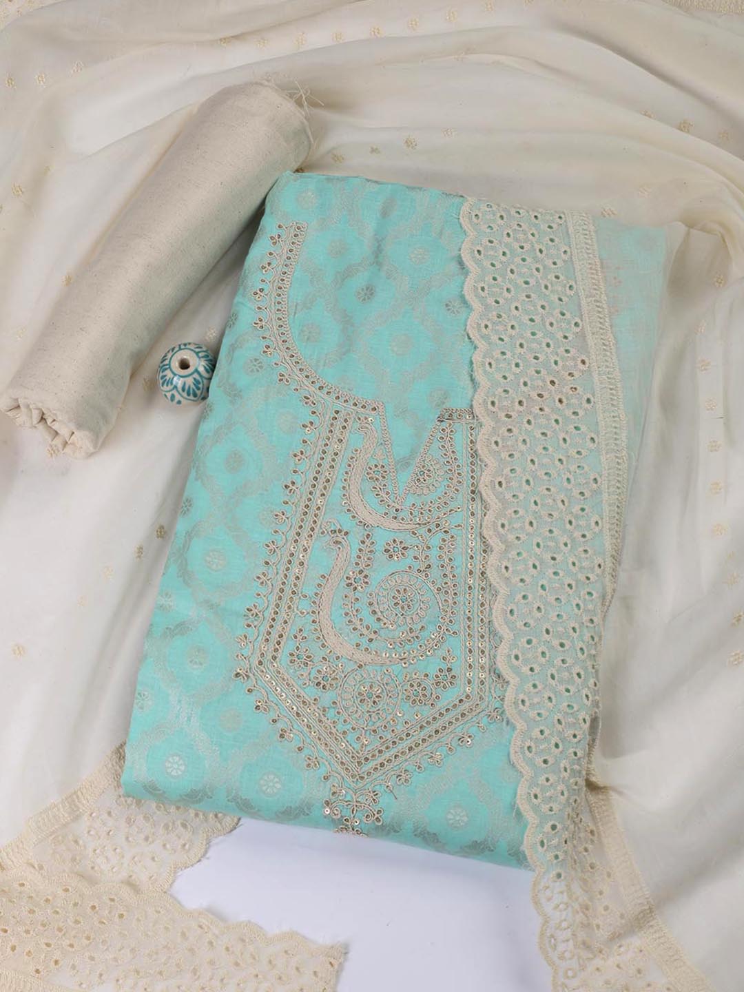 Woven Embroidered Cotton Blend Unstitched Suit With Dupatta
