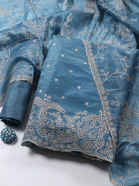 Embroidery Tissue Unstitched Suit Piece With Dupatta