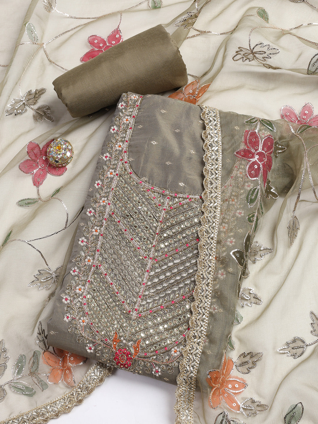 Neck Embroidery Chanderi Unstitched Suit With Dupatta