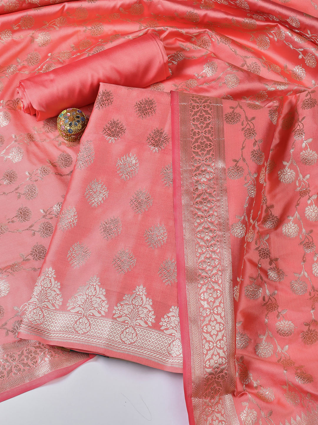 Floral Woven Booti Chanderi Unstitched Suit With Dupatta