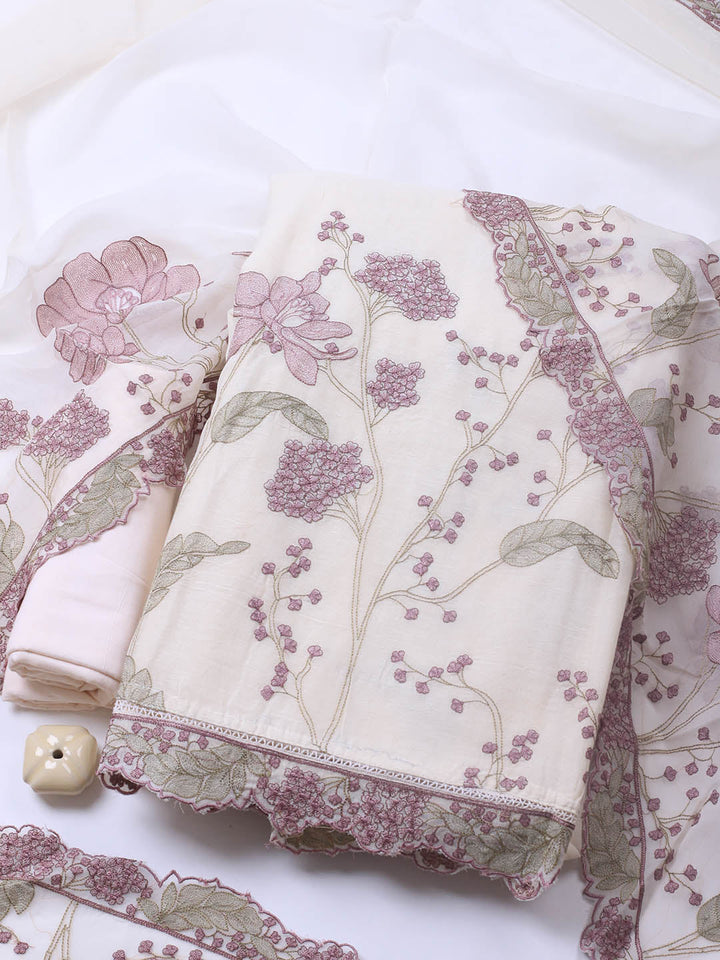 Embroidery Linen Unstitched Suit With Dupatta