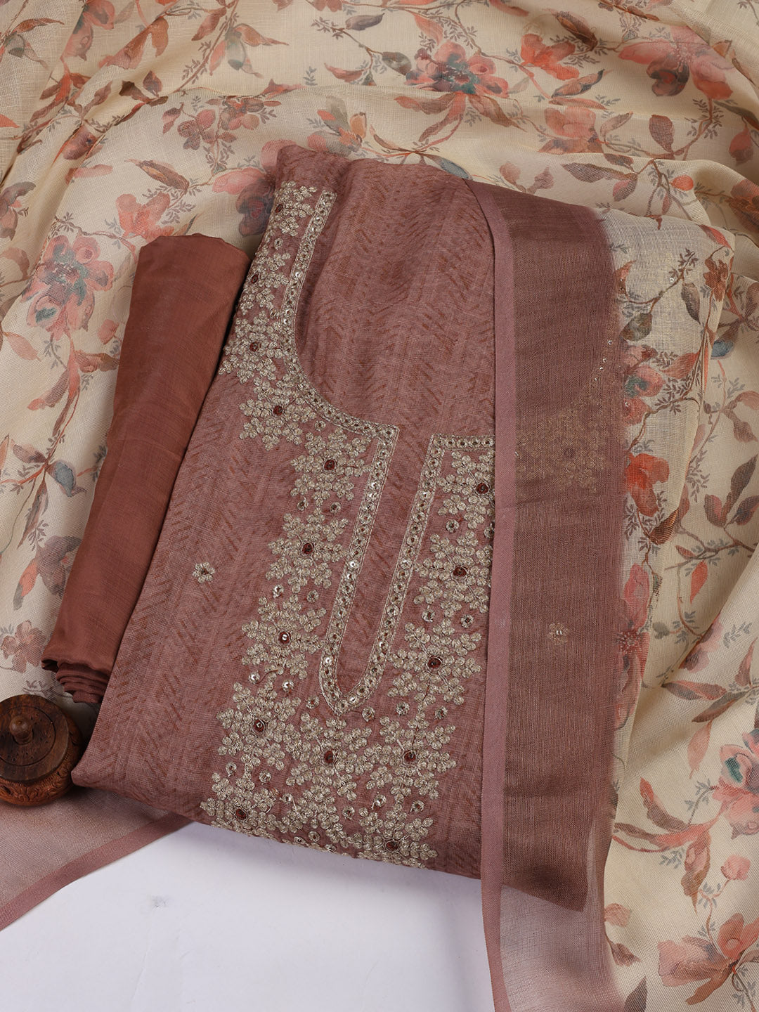 Neck Embroidery Chanderi Unstitched Suit With Dupatta