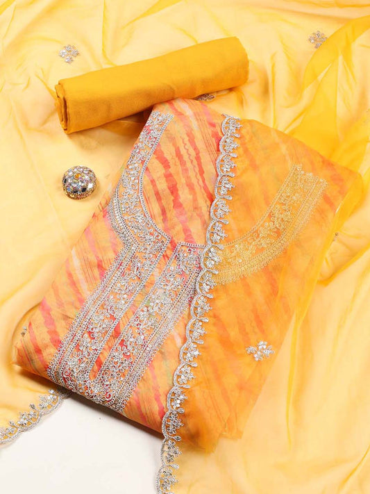 Neck Zari Embroidery Organza Unstitched Suit Piece With Dupatta