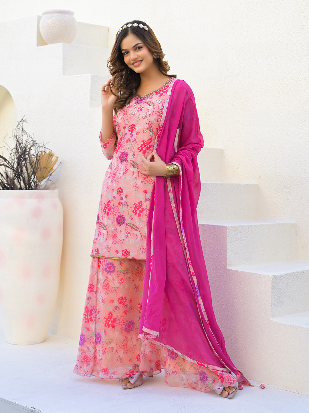 Neck Embroidery Georgette Kurta With Sharara And Dupatta