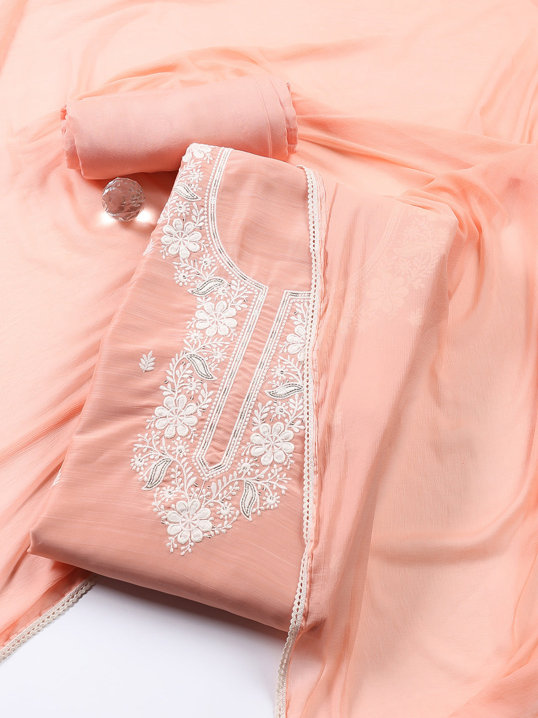 Neck Embroidered Chanderi Unstitched Suit With Dupatta