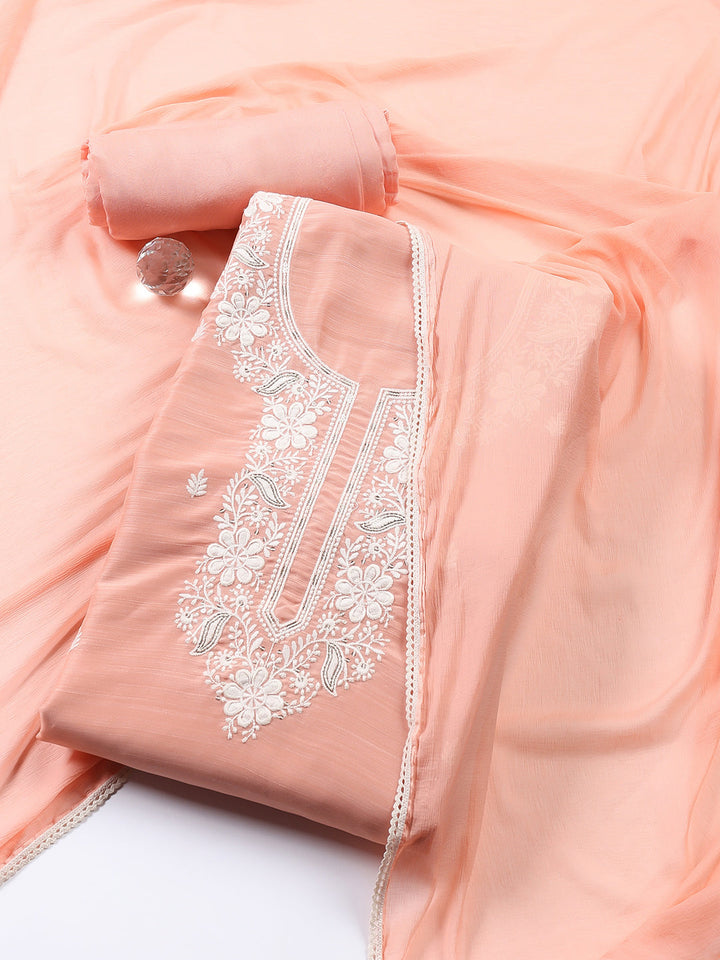 Neck Embroidered Chanderi Unstitched Suit With Dupatta