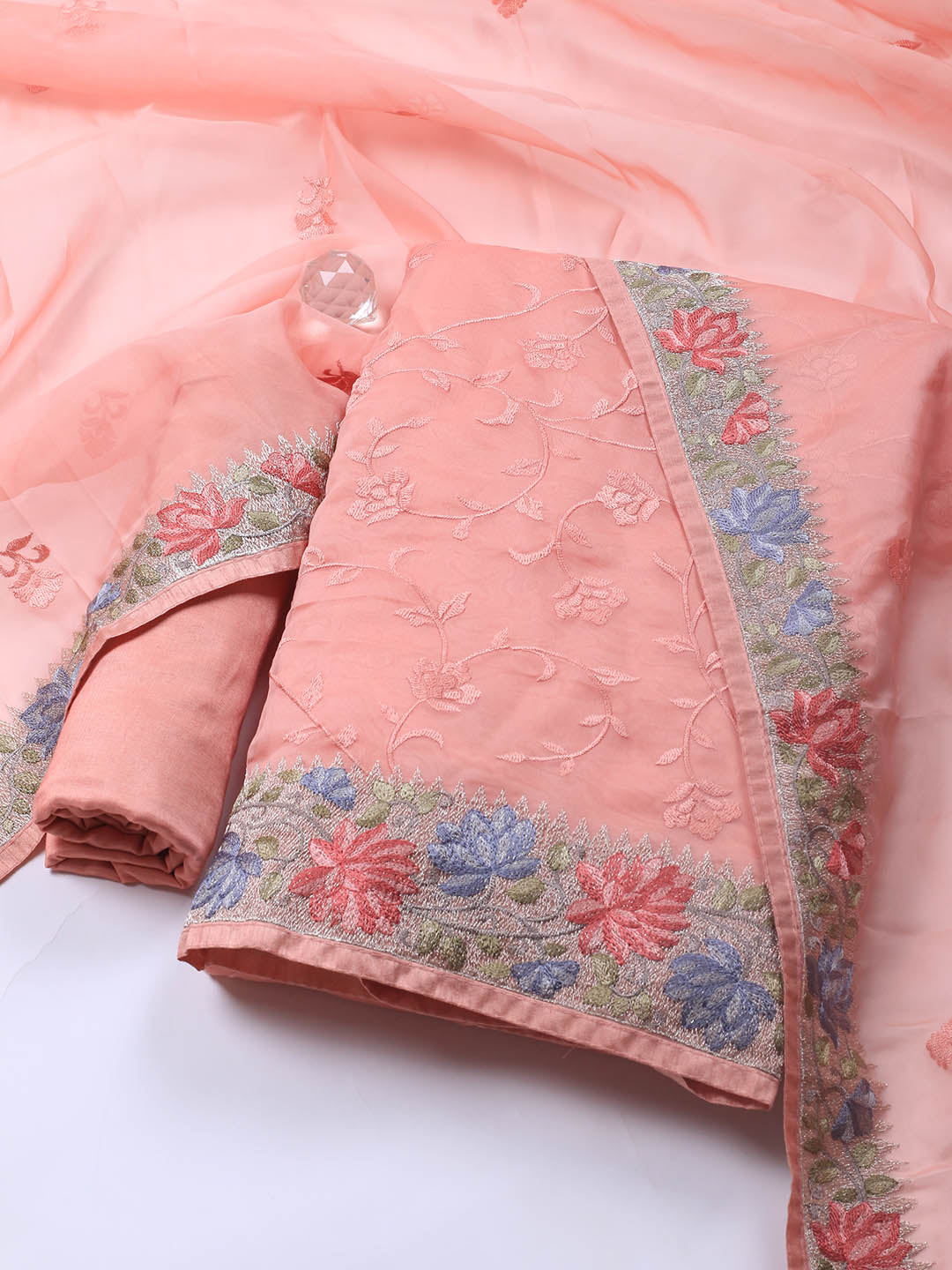 Neck Embroidery Organza Unstitched Suit Piece With Dupatta