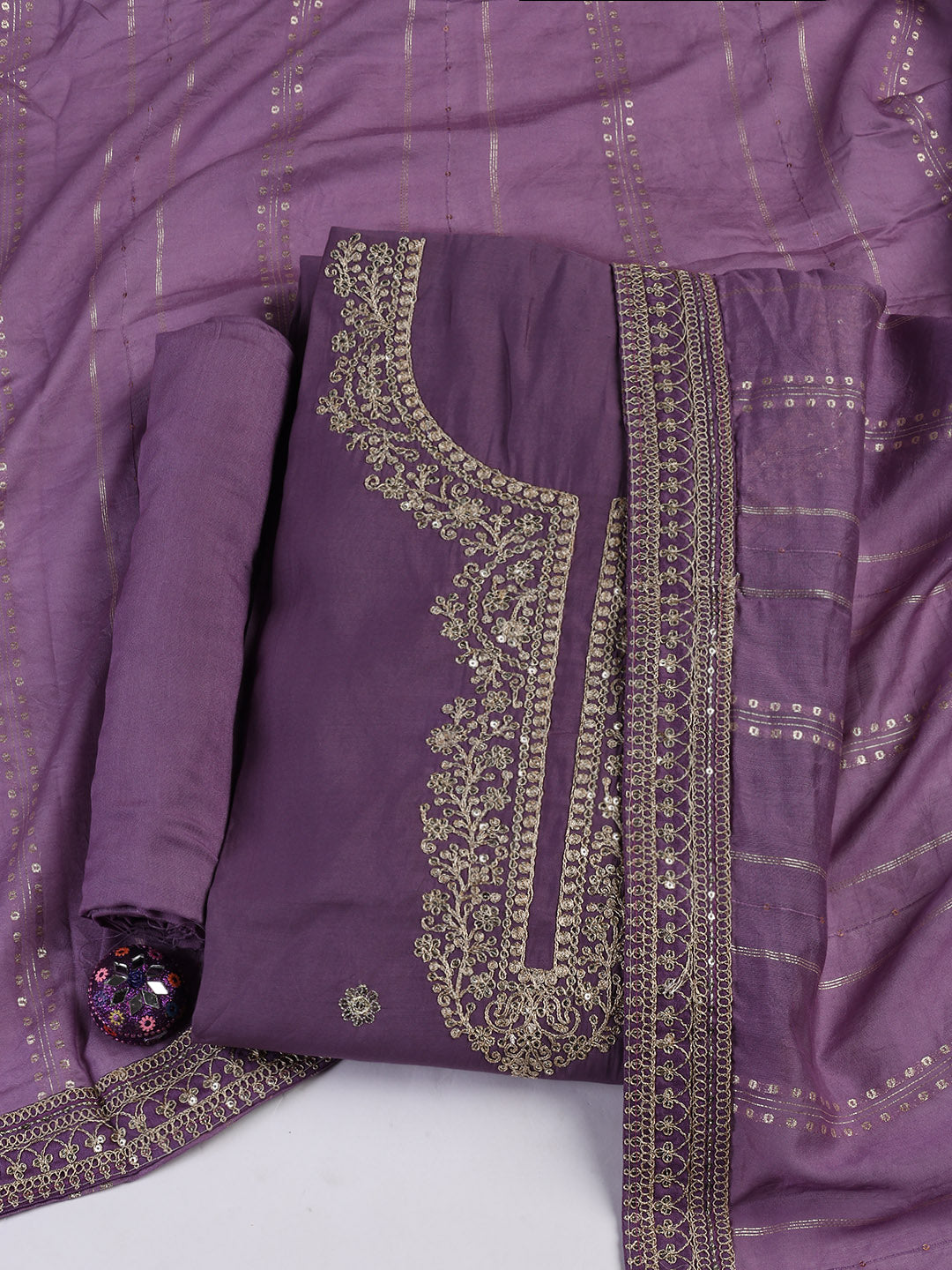 Neck Embroidery Chanderi Unstitched Suit With Dupatta