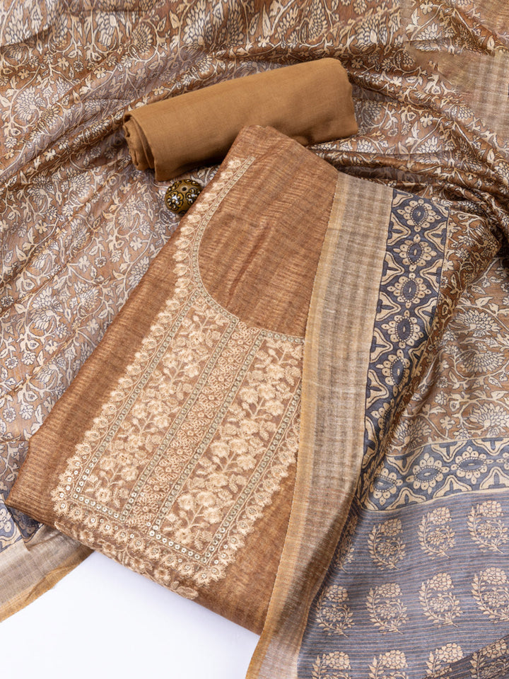 Neck Embroidered Chanderi Unstitched Suit With Dupatta
