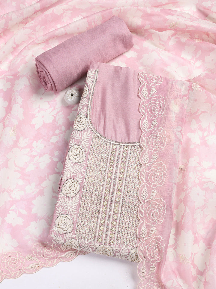 Neck Embroidery Chanderi Unstitched Suit With Dupatta