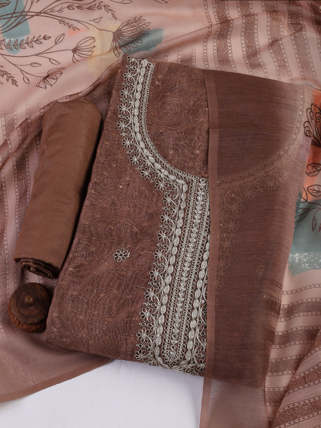 Neck Embroidery Chanderi Unstitched Suit With Dupatta