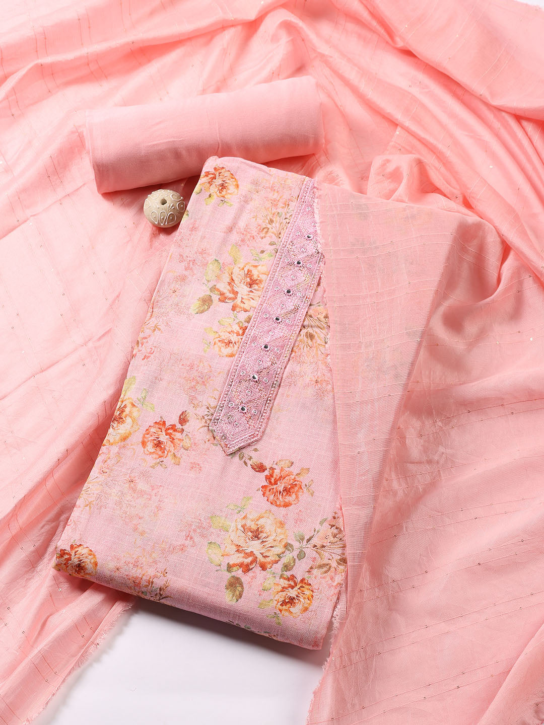 Floral Printed Linen Unstitched Suit With Dupatta