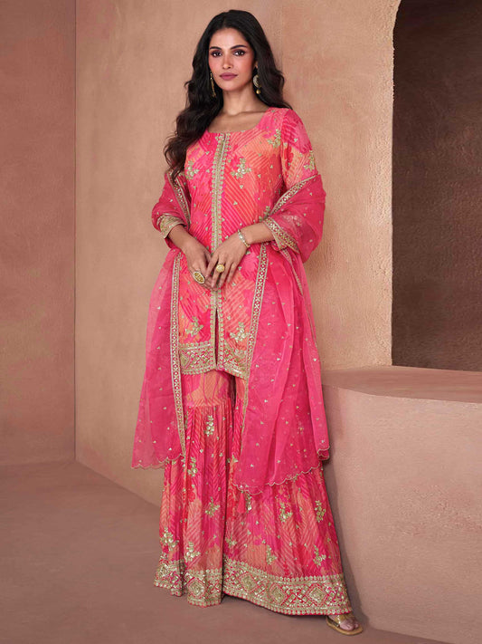 Embroidered Sequin Chinnon Silk Kurta With Palazzo And Dupatta