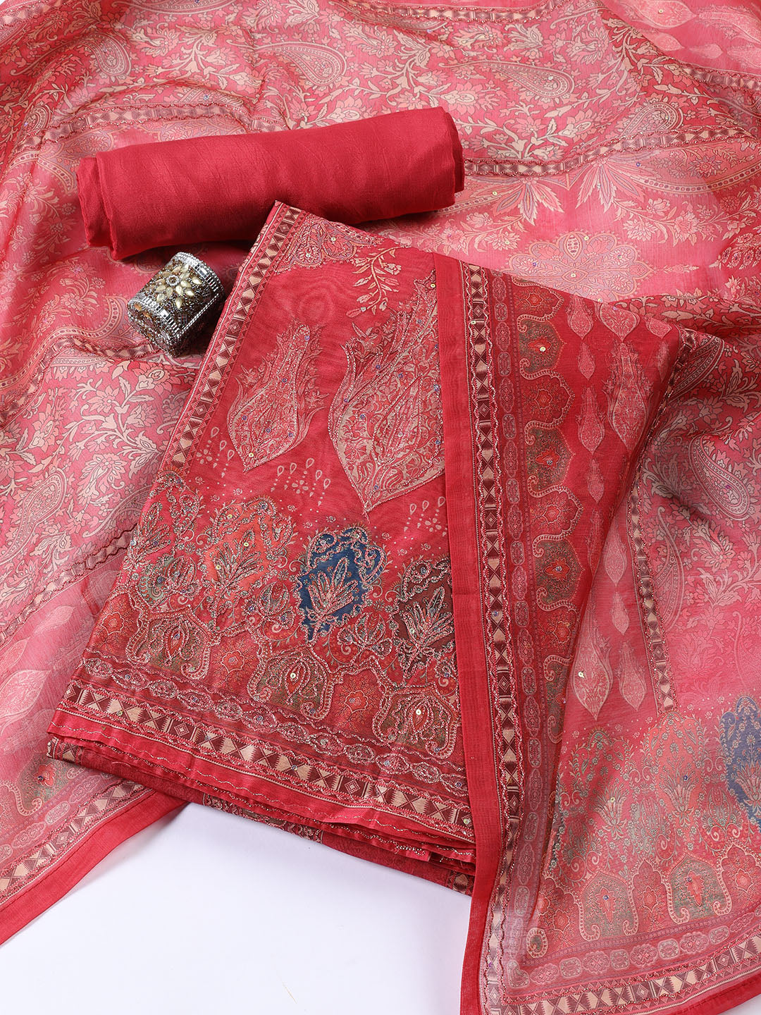 Neck Patti Chanderi Unstitched Suit With Dupatta