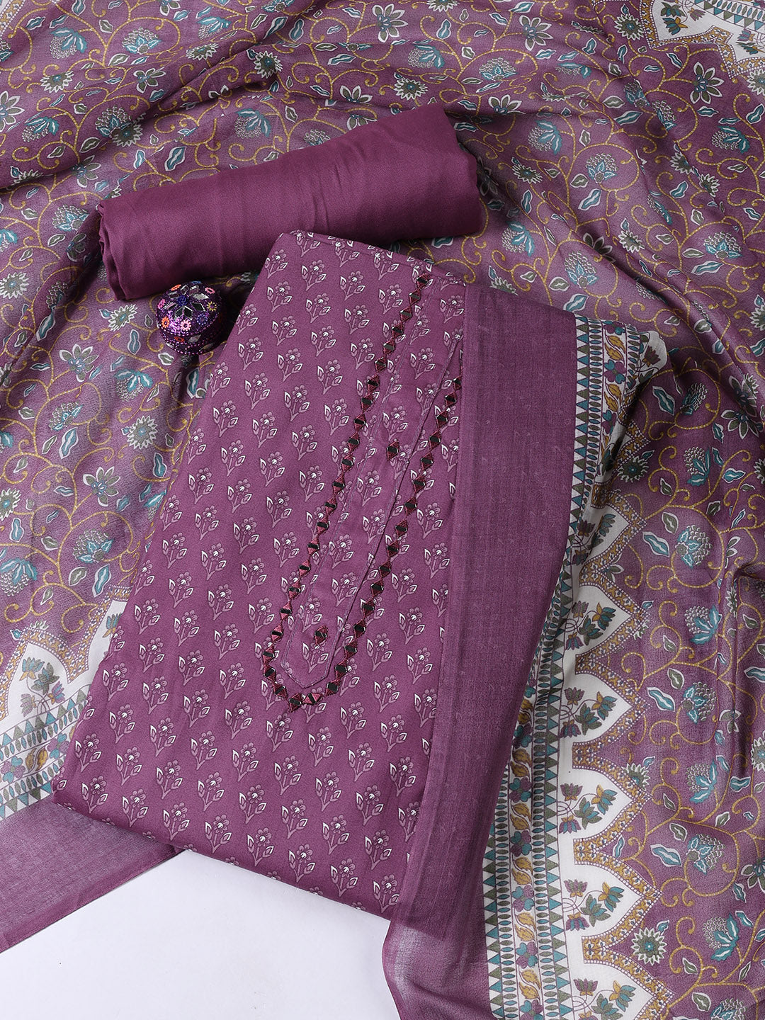 Printed Cotton Blend Unstitched Suit With Dupatta