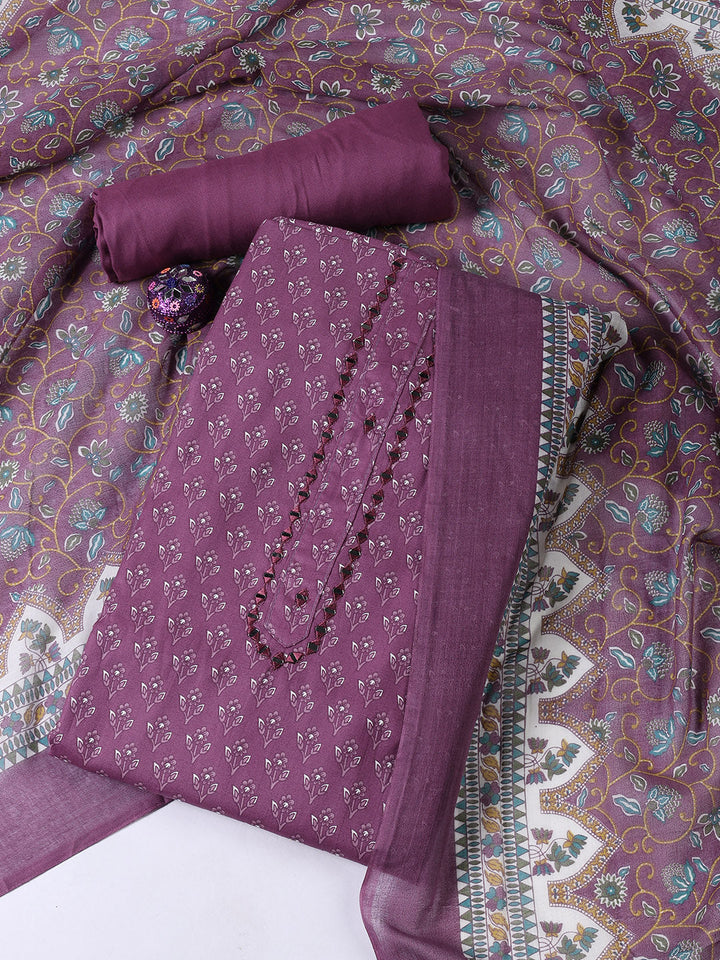 Printed Cotton Blend Unstitched Suit With Dupatta