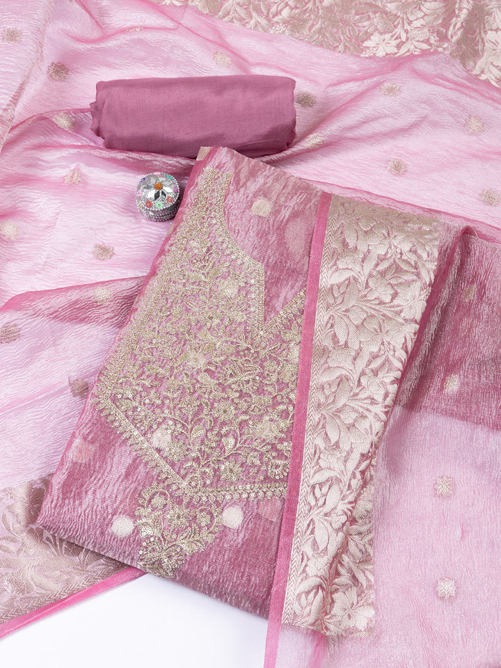 Neck Embroidered Tissue Unstitched Suit Piece With Dupatta