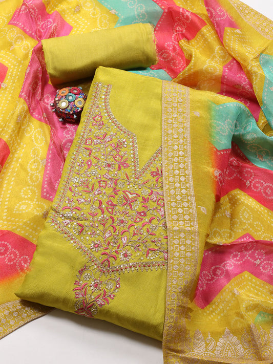 Neck Embroidered Chanderi Unstitched Suit Piece With Dupatta