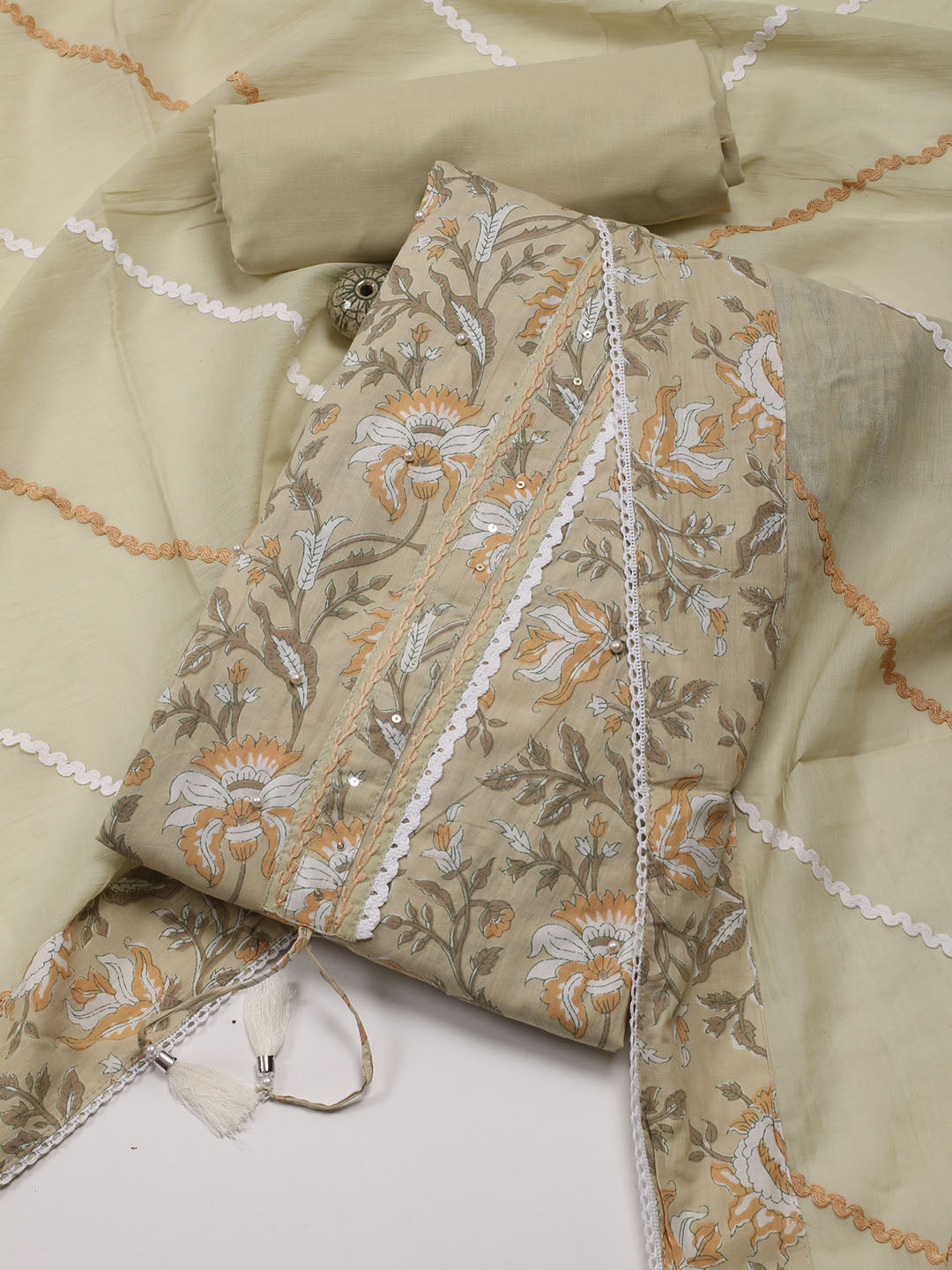 Neck Patti Cotton Blend Unstitched Suit Piece With Dupatta