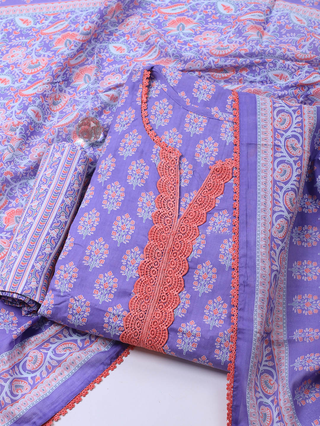 Printed Cotton Blend Unstitched Suit Piece With Dupatta