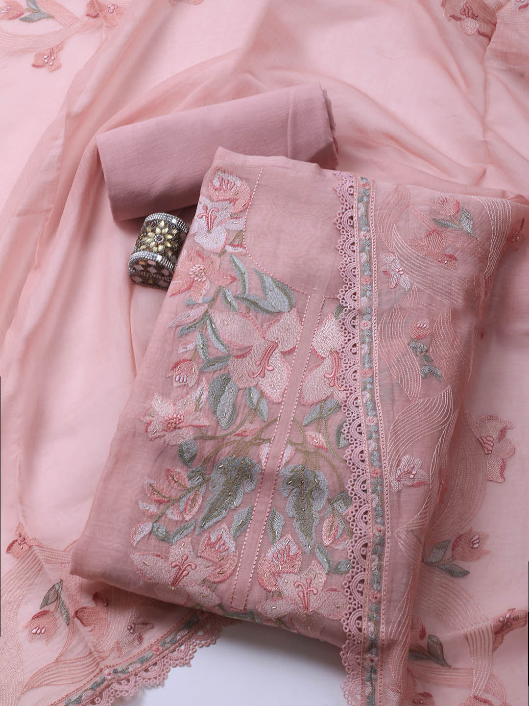 Embroidery Chanderi Unstitched Suit With Dupatta