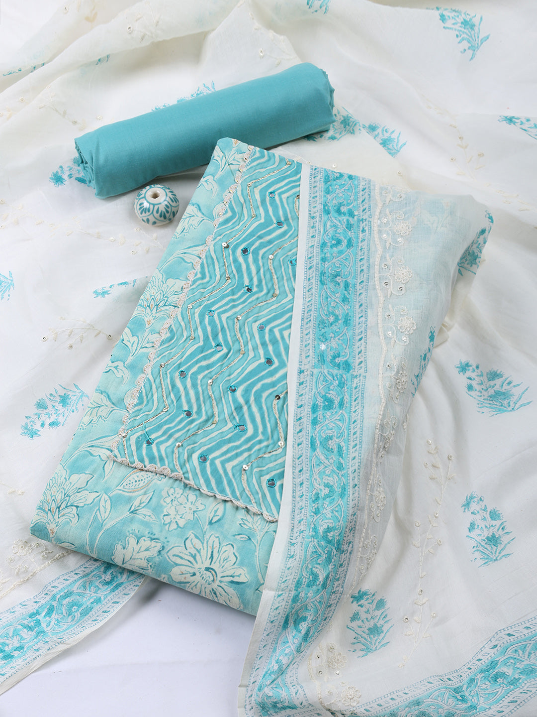 Neck Embroidered Cotton Blend Unstitched Suit With Dupatta