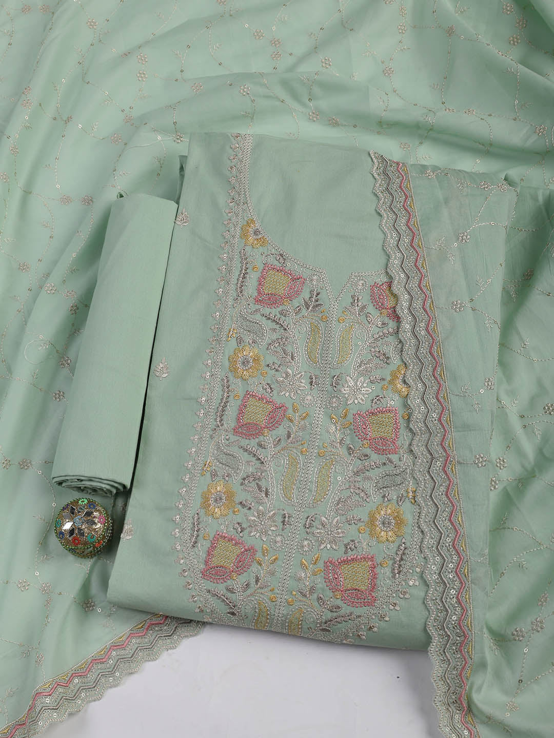 Embroidered Cotton Blend Unstitched Suit Piece With Dupatta