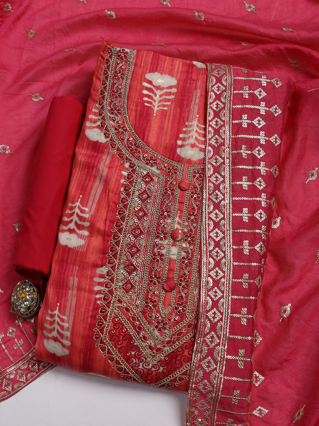 Embroidered Cotton Blend Unstitched Suit Piece With Dupatta