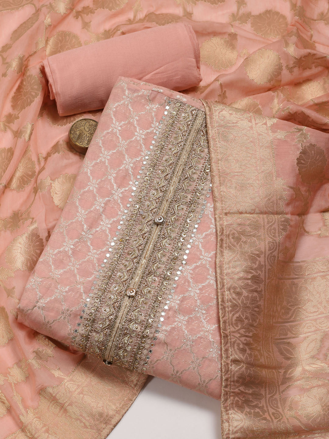 Neck Patti Printed Chanderi Unstitched Suit With Dupatta