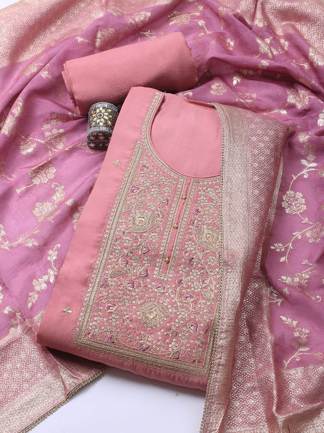 Neck Embroidery Chanderi Unstitched Suit With Dupatta