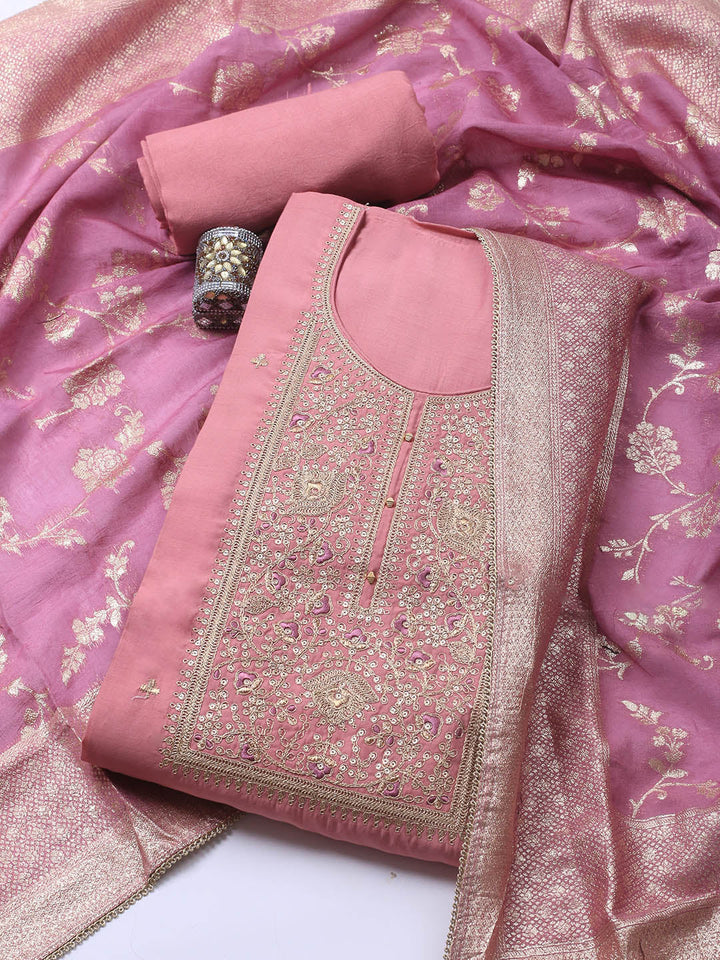 Neck Embroidery Chanderi Unstitched Suit With Dupatta