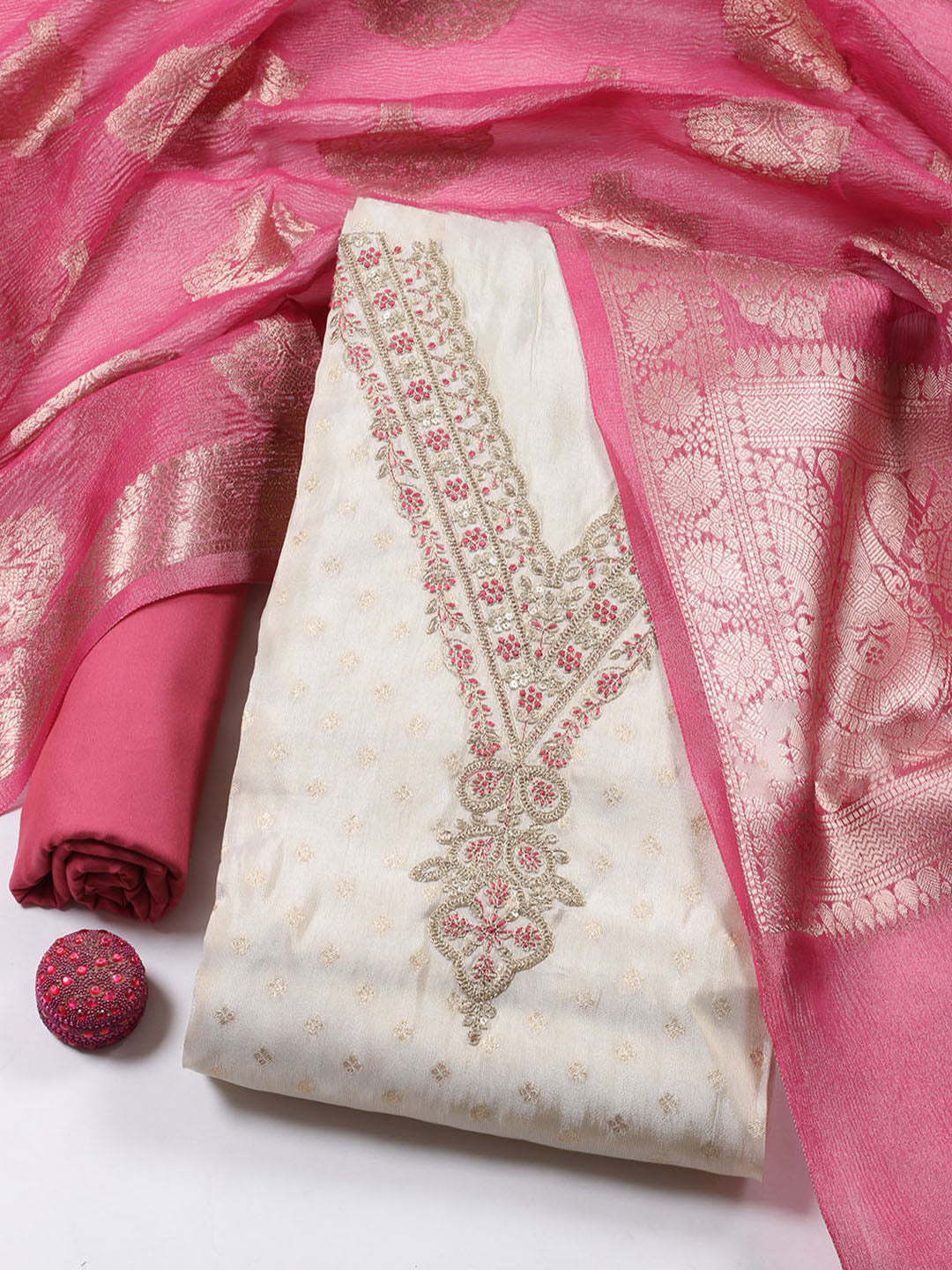 Neck Embroidered Tissue Unstitched Suit Piece With Dupatta
