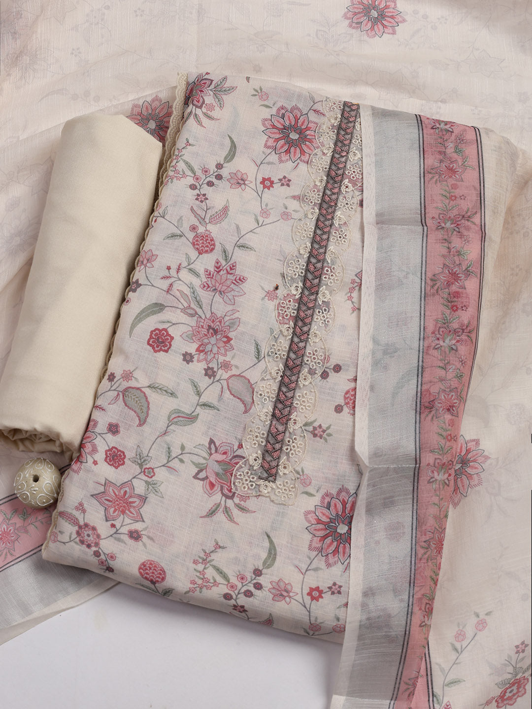 Patch Neck Linen Unstitched Suit Piece With Dupatta