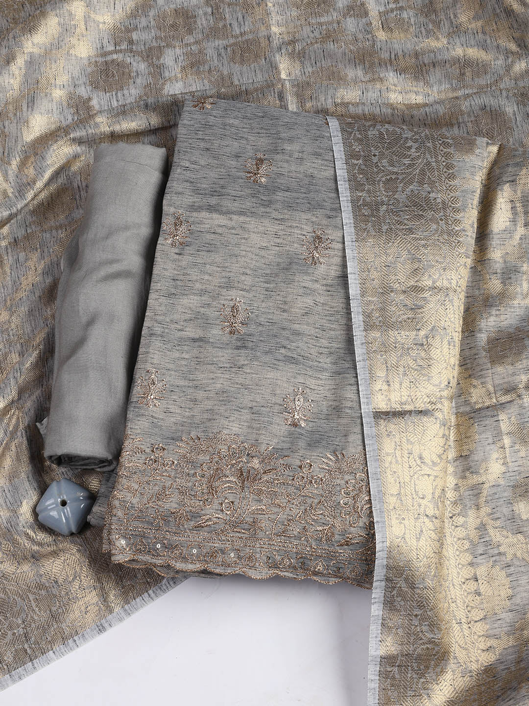 Embroidered Chanderi Unstitched Suit Piece With Dupatta